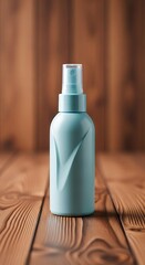 Minimalist Teal Spray Bottle on Wooden Surface, Soft Lighting, Product Photography.