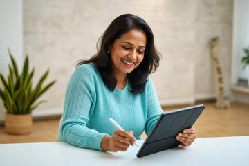 Fototapeta premium A smiling woman with long dark hair uses a tablet while seated at a white table in a modern living room.