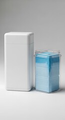 Minimalist White and Blue Office Supplies Composition, Clean Aesthetic, Modern Design.