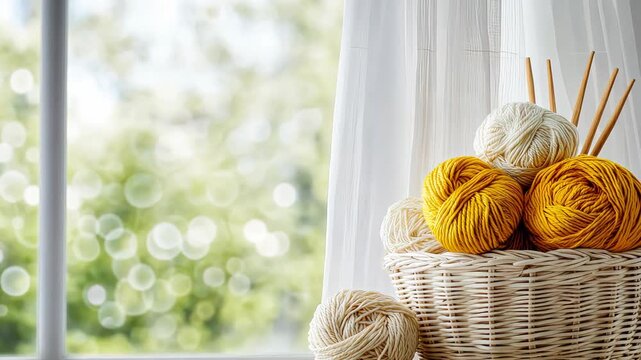 Explore the joy of knitting with colorful yarn and the soothing atmosphere created by soft natural light streaming through the window