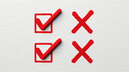 Red check marks and crosses on textured white paper showing completed and incorrect tasks