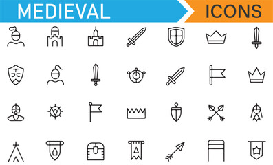 Icon collection representing medieval combat, defense, and royal symbols