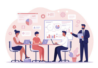 Team meeting: HR data analysis presentation, employees reviewing charts and graphs.