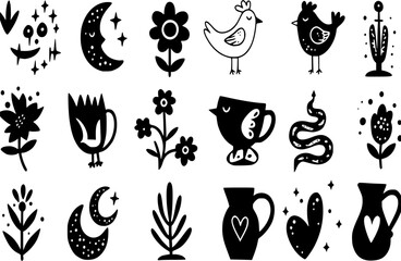 Various abstract elements. Cat, bird, flower, snake, cup, moon, heart, jug. Quirky shapes. Hand drawn doodles. Contemporary trendy Vector illustration. Set of black icons. All elements are isolated Se