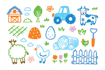 Farm Life Doodle: A collection of playful doodle, a barn, tractor, cow, sheep, chicken, eggs, flowers, and other farm-related items, creating a cheerful depiction of countryside life