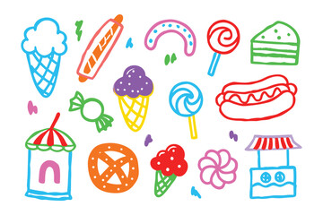 Sweet Carnival Delights: A cheerful array of vibrant, hand-drawn illustrations showcases the delightful treats of a carnival, from ice cream cones to hot dogs.