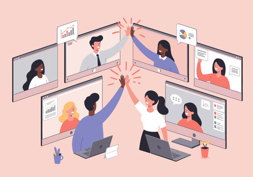 Diverse colleagues in multiple video conference windows high-fiving, symbolizing teamwork and virtual collaboration.