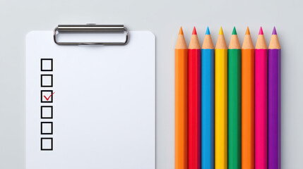 Checklist with colorful pencils and one checked box on clipboard, bright and organized school or office concept