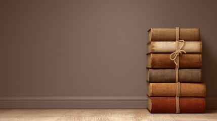 Stack of vintage books tied with string on wooden floor against brown wall, evoking warm nostalgic feeling
