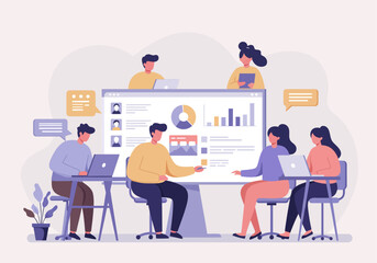 Team of diverse people collaborating around a large screen displaying data visualizations.