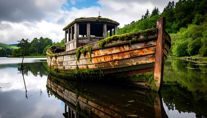 Abandoned wooden boat on tranquil lake, overgrown with moss