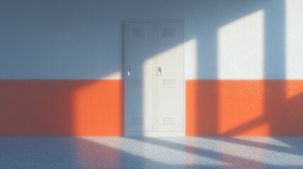 School hallway with white locker and orange wall with sunlight casting shadows creating calm mood