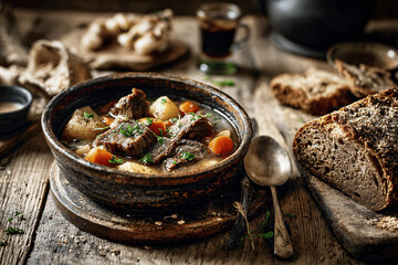 Rustic kig ha farz hearty meat stew with buckwheat pudding in Brittany kitchen