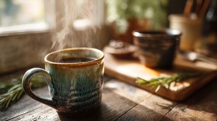 Fototapeta premium Cozy Morning Coffee Mug with Steam on Wooden Table Vector Art