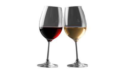 Red and white wine glasses on black background perfect for wine tasting and sommelier presentations isolated on tranparent background