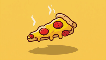 Cartoon Pizza Slice with Melted Cheese on Yellow Background