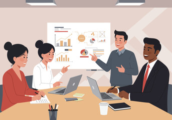 Business meeting in progress, diverse team analyzing data on whiteboard.