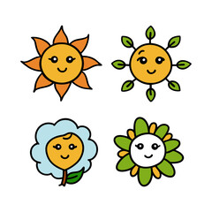 Obraz premium Four cute cartoon flowers with happy faces isolated on white background