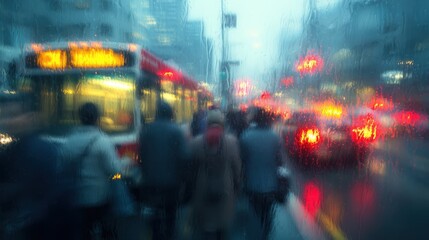 Fototapeta premium City street rain blur People walking by bus and cars in urban background