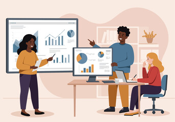 Diverse business team presenting data visualizations during a meeting.