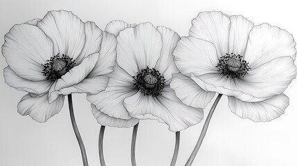 Detailed grayscale drawing of three poppies.