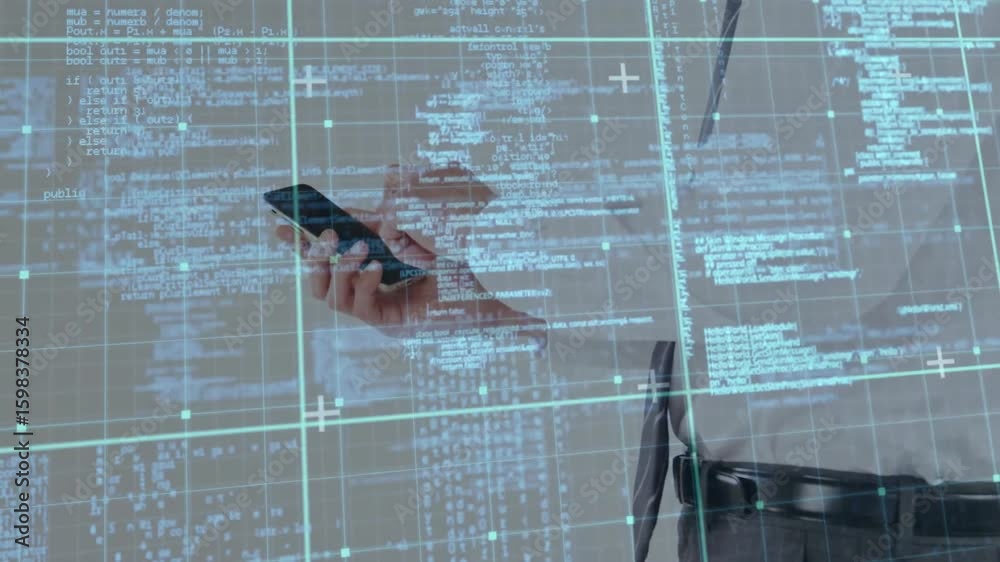Poster businessman bringing smartphone into view tapping to unlock, navigating code overlay accessing data