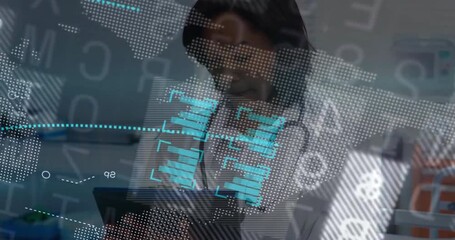 Map overlay appearing female doctor tapping tablet swiping stylus analyzing health charts updating - Powered by Adobe