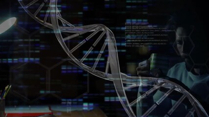 Researcher raising striped mug and scanning smartphone behind rotating DNA helix for code analysis - Powered by Adobe