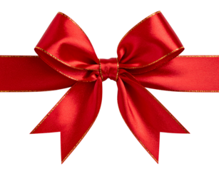Glossy Red Ribbon Wrapped in Spiral with Floating Gold Bow, Diagonal Composition, Isolated on Transparent Background.