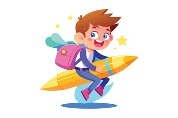 Happy cartoon boy with backpack riding a flying pencil like a rocket isolated on white background silhouette
