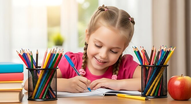 Young girl focused on writing and drawing at a desk with colorful pencils and books - Powered by Adobe