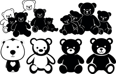 Collection of adorable teddy bear illustrations in various poses and styles for childhood themes and playful designs