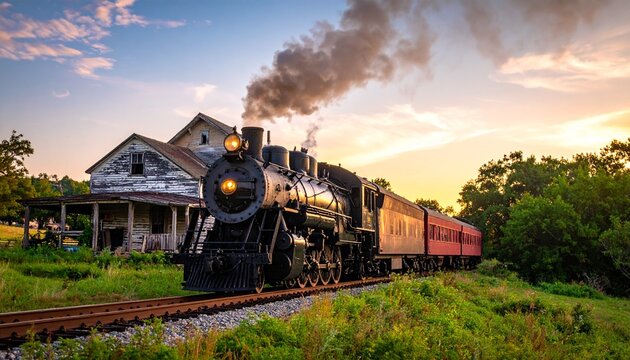 Un tren de vapor clasico pasa junto a una granja abandonada al atardecer