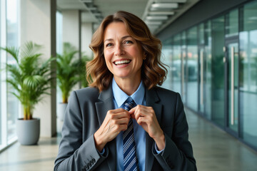 Obraz premium A smiling businesswoman adjusts her tie while standing in a modern office lobby with greenery.