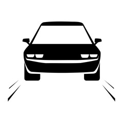 Front view of a black car with headlights on and trails indicating motion on a white background image