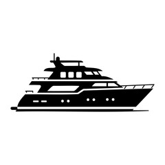Illustration of a sleek black yacht with multiple decks and windows sailing on the water surface view