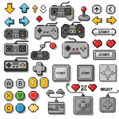 8-bit pixel art vector pack of gaming controllers, arrows, start buttons, cross pads, and old-school game console symbols. Perfect for UI, app icons, or design themes.