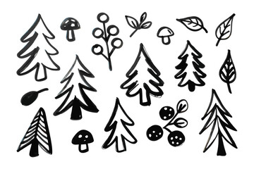 Obraz premium Hand-Drawn Forest Elements: Whimsical ink illustrations of trees, mushrooms, berries, and leaves come together to create a captivating forest scene, full of rustic charm and artistic expression.