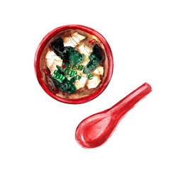 Hand drawn watercolor food illustration. Asian cuisine dishes. Miso soup with tofu