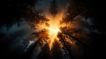 A majestic orange lightning bolt arcs through a forested canopy, illuminating the scene and creating a dramatic interplay of light and shadow. The vibrant colors and powerful natural phenomena evoke 