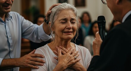 Fototapeta premium A senior woman being baptized in a church or religious ceremony. Her eyes are closed, hands on heart, showing emotion.
