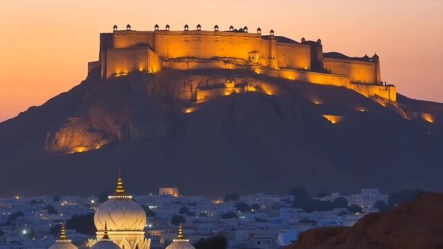 The Jaswant Thada and Mehrangarh Fort in background at sunset, The Jaswant Thada is a cenotaph located in Jodhpur, It was used for the cremation of the royal family Marwar, Jodhpur. Rajasthan, India