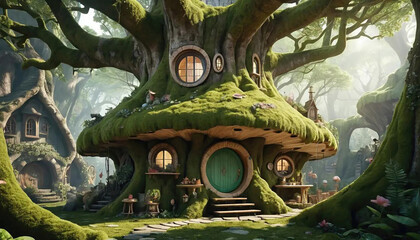 Obraz premium Duplex house built inside a giant tree trunk fairy tale setting mossy textures whimsical style,3D fantasy render, 8k