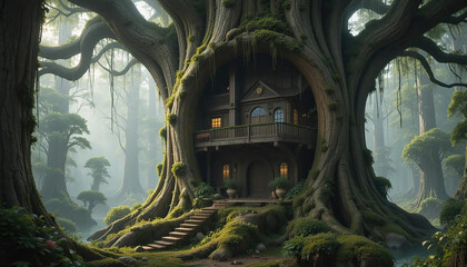 Duplex house built inside a giant tree trunk fairy tale setting mossy textures whimsical style,3D fantasy render, 8k