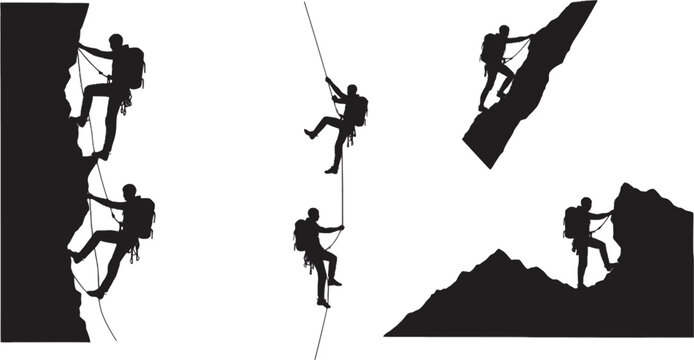 Vector art of silhouettes of climbers scaling mountains with ropes, highlighting adventure, teamwork, and the pursuit of achievement isolated on white background