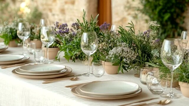 Elegant Table Setting for an Outdoor Event with Floral Centerpieces and Fine China