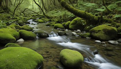 serene forest stream flowing over mossy rocks in sunlight