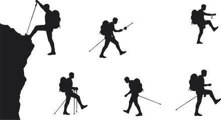 Obraz premium Vector art of silhouetted hikers with trekking poles explore mountain trails, capturing the essence of outdoor adventure and travel