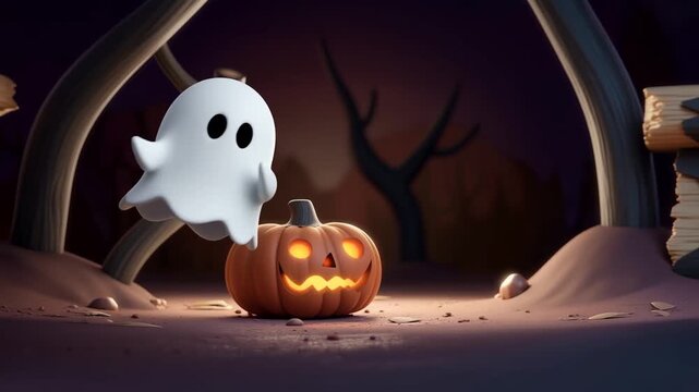 Halloween background with pumpkin and white ghost