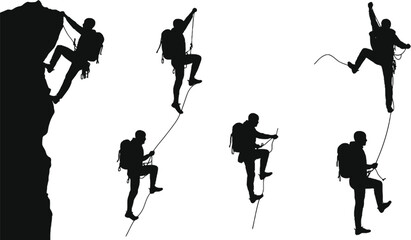 Vector art of silhouetted climbers ascend steep rock faces with ropes, demonstrating the thrill and challenge of mountain climbing
